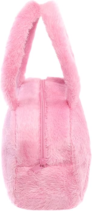 Velvet Pink Fluffy Cosmetics Bag - Soft & Fuzzy Purses for Women, Compact Makeup Bag with Secure Zipper Closure - Chic & Elegant Design