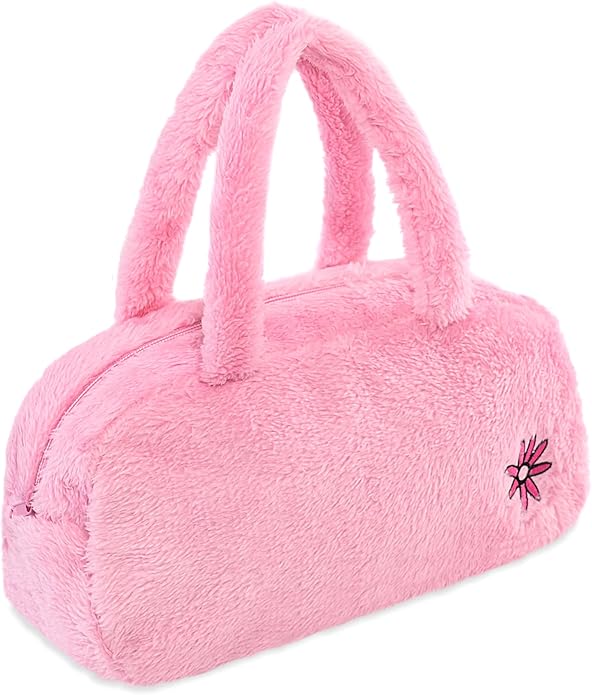 Velvet Pink Fluffy Cosmetics Bag - Soft & Fuzzy Purses for Women, Compact Makeup Bag with Secure Zipper Closure - Chic & Elegant Design