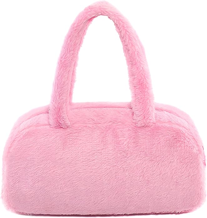 Velvet Pink Fluffy Cosmetics Bag - Soft & Fuzzy Purses for Women, Compact Makeup Bag with Secure Zipper Closure - Chic & Elegant Design