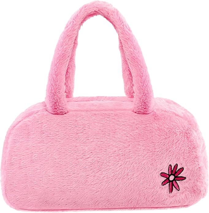 Velvet Pink Fluffy Cosmetics Bag - Soft & Fuzzy Purses for Women, Compact Makeup Bag with Secure Zipper Closure - Chic & Elegant Design