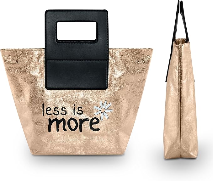 Washable Kraft Paper, Coated PVC, Hand Carry Tote Bag, Black PU Leather Handles, Gold, Large