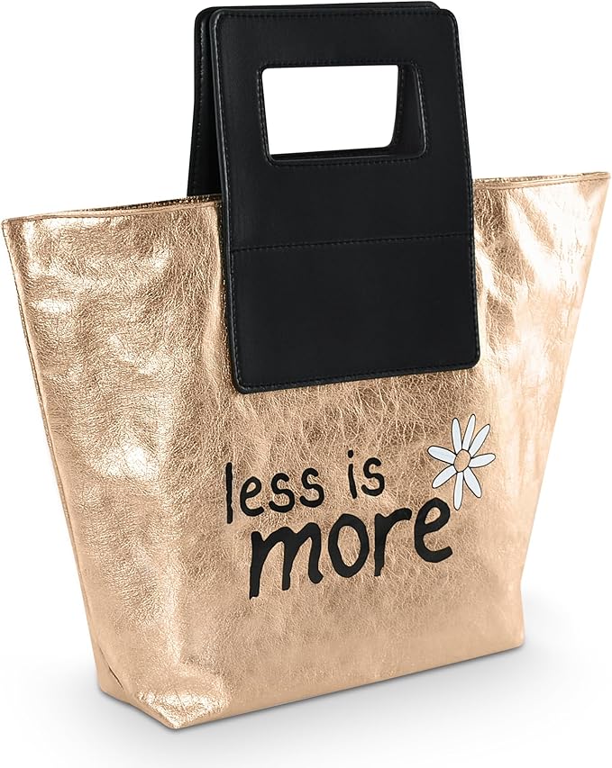 Washable Kraft Paper, Coated PVC, Hand Carry Tote Bag, Black PU Leather Handles, Gold, Large